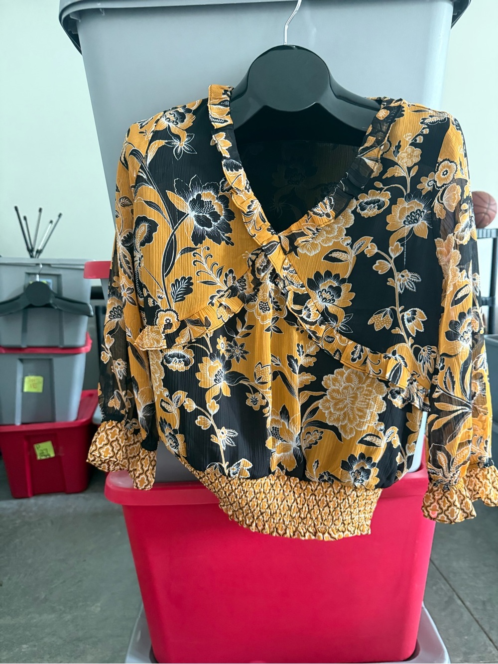 Floral V-Neck Smocked Waist Blouse - Black & Mustard p12